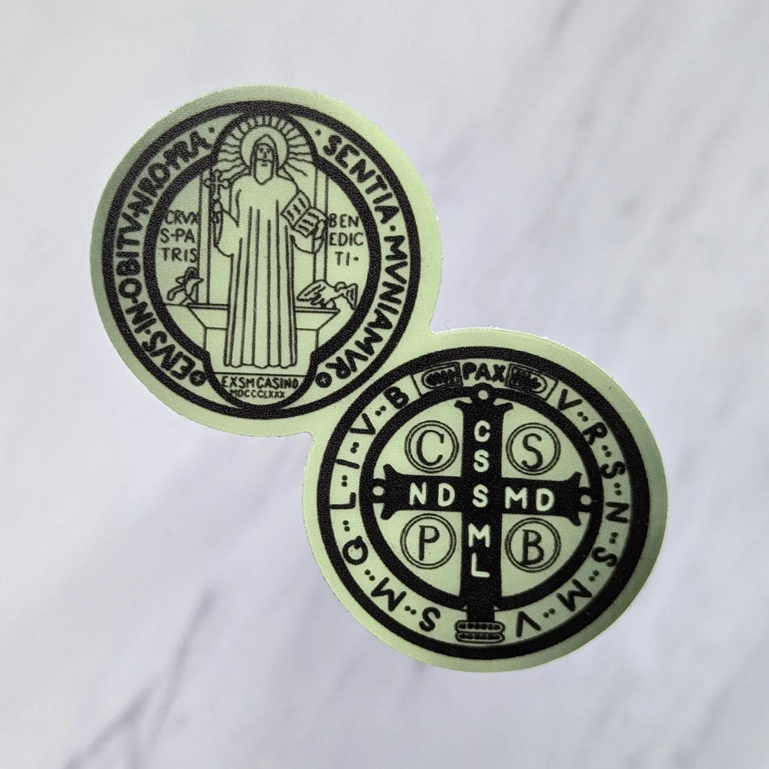 Saint Benedict Medal (Colors inverted) Glow in the Dark Sticker