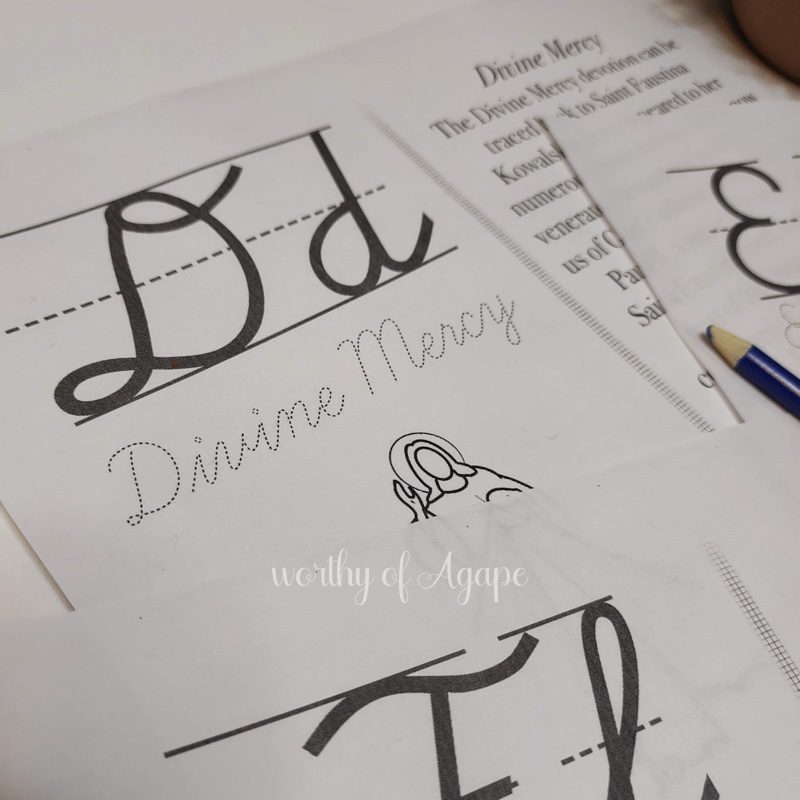 Saintly Male Cursive Alphabet Flash Cards with Saint Info