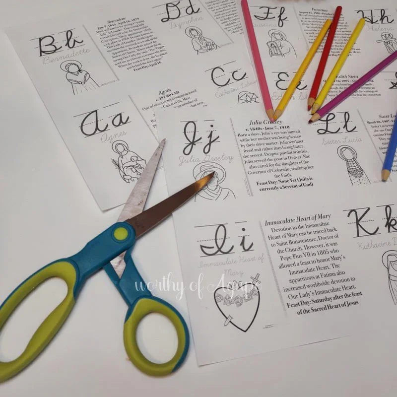 Saintly Female Cursive Alphabet Flash Cards with Saint Info