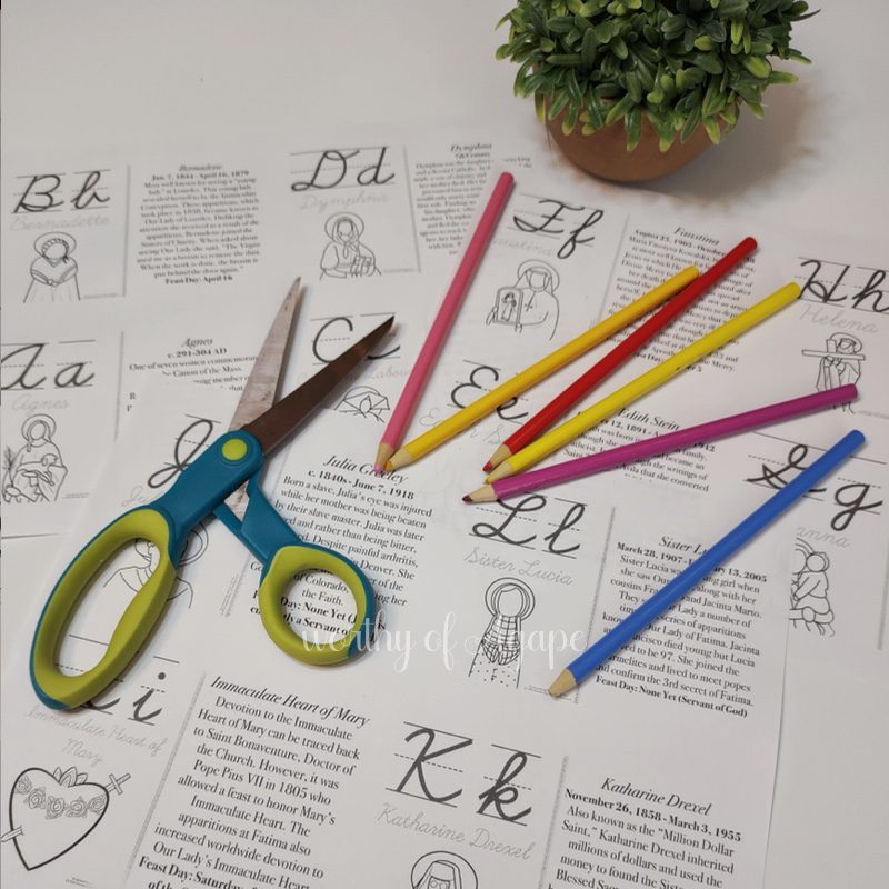 Saintly Female Cursive Alphabet Flash Cards with Saint Info