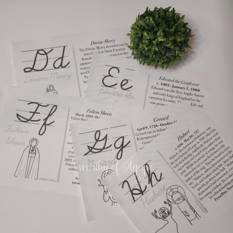 Saintly Male Cursive Alphabet Flash Cards with Saint Info