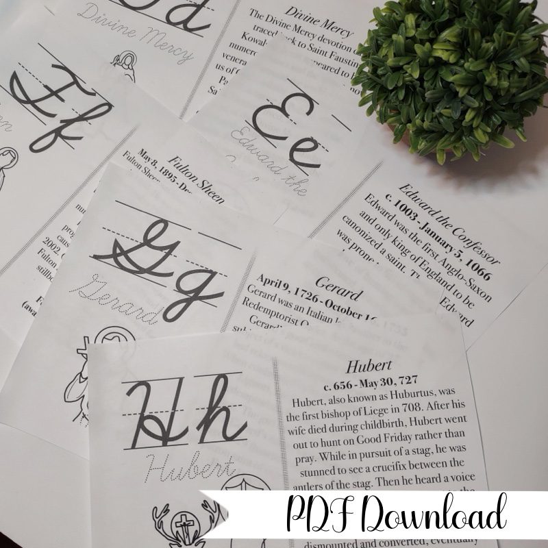 Saintly Male Cursive Alphabet Flash Cards with Saint Info