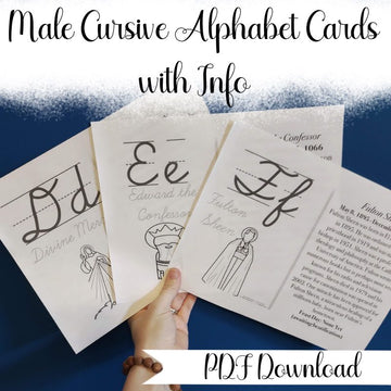 Saintly Male Cursive Alphabet Flash Cards with Saint Info