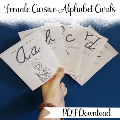 Saintly Female Cursive Alphabet Flash Cards