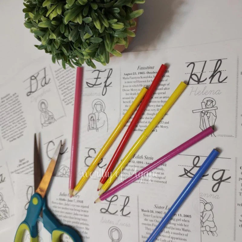 Saintly Female Cursive Alphabet Flash Cards with Saint Info