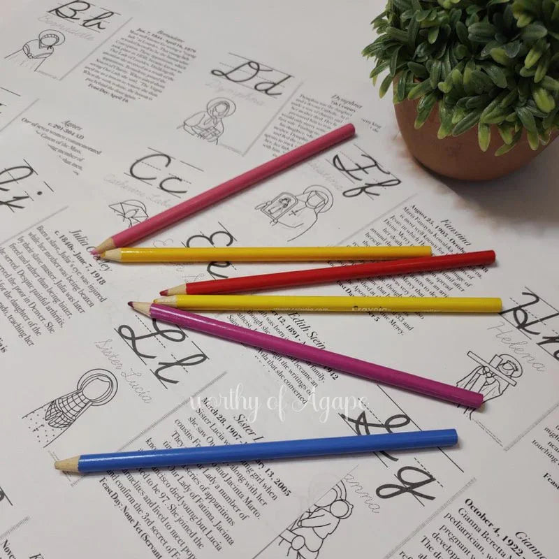 Curive St Saintly Female Cursive Alphabet Flash Cards with Saint Info