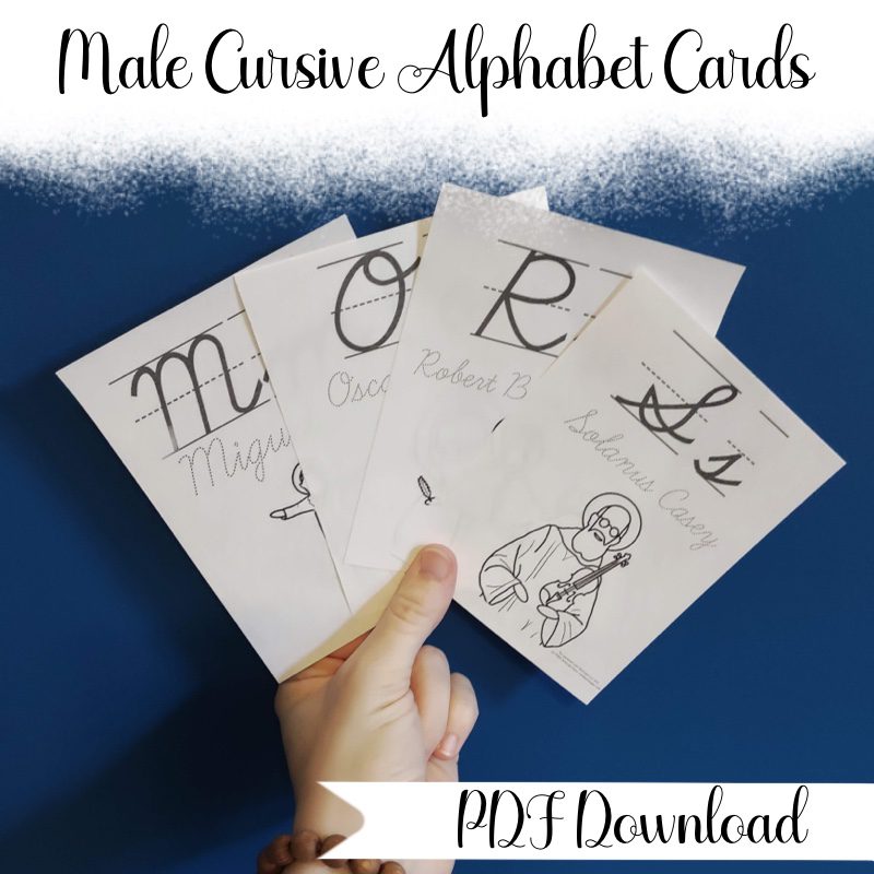Saintly Male Cursive Alphabet Flash Cards