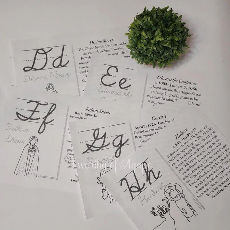 Saintly Male Cursive Alphabet Flash Cards with Saint Info – worthyofAgape