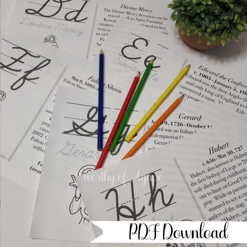 Saintly Male Cursive Alphabet Flash Cards with Saint Info – worthyofAgape