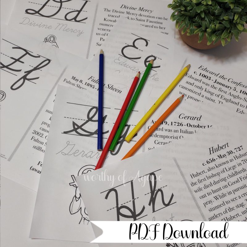 Saintly Male Cursive Alphabet Flash Cards with Saint Info